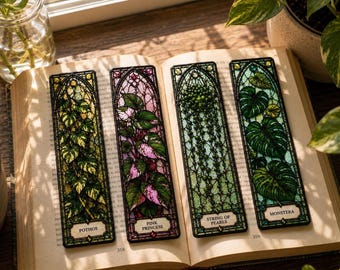 Houseplant Gift Stained Glass Bookmarks Set | Pothos, Pink Princess, Monstera, String of Pearls