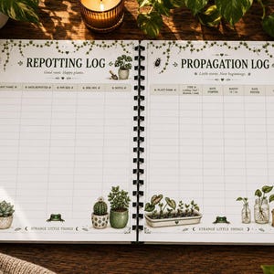 An open spiral-bound notebook displaying pages titled "Repotting Log" and "Propagation Log" with columns for plant information, on a wooden surface with plants.