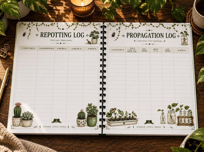 An open spiral-bound notebook displaying pages titled "Repotting Log" and "Propagation Log" with columns for plant information, on a wooden surface with plants.