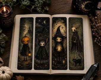 Halloween Bookmarks Set | Spooky Gothic Designs with Pumpkin, Ghost, Bat & Skeleton