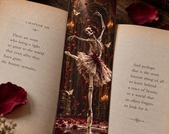 Gothic Art Bookmark, Skeleton Ballerina with Red Roses | Dark Academia