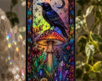 Raven Bookmark with Colorful Stained Glass Design, Whimsical Mushroom Art