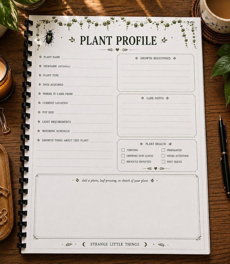 An open spiral-bound notebook displaying a "Plant Profile" page with sections for plant name, date acquired, care notes, and plant health, on a wooden surface with a candle and plants.