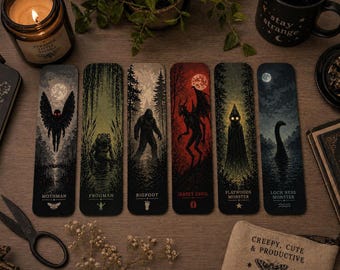 Cryptid Bookmark Set, Spooky Reader Accessories Featuring Mothman, Bigfoot, Frogman