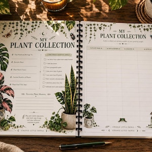 An open spiral-bound notebook displaying pages titled "My Plant Collection" and "My Plant Collection" with sections for plant details and a checklist, on a wooden table with plants.
