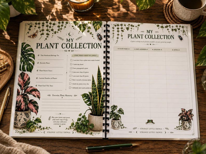 An open spiral-bound notebook displaying pages titled "My Plant Collection" and "My Plant Collection" with sections for plant details and a checklist, on a wooden table with plants.