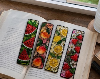 Fruit Bookmarks Set, Colorful Stained Glass Designs with Watermelon, Peach, Lemon, Strawberry