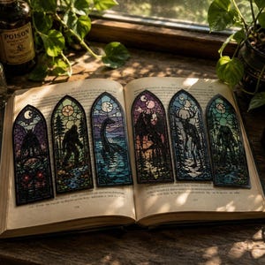 Cryptid Bookmark Set, Stained Glass Designs Featuring Mothman & Bigfoot