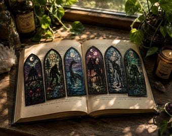 Cryptid Bookmark Set, Stained Glass Designs Featuring Mothman & Bigfoot
