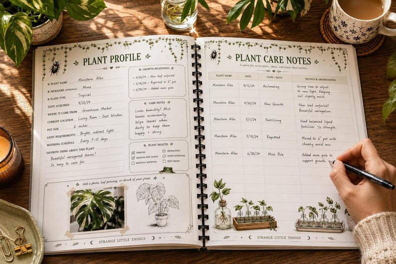 An open spiral-bound notebook showing a "Plant Profile" page with plant details and a "Plant Care Notes" page with a pen, surrounded by plants.