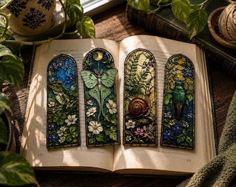 Stained Glass Inspired Bookmarks Set, Frog, Luna Moth, Snail, Beetle