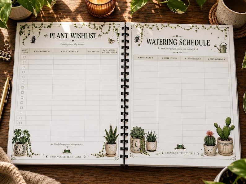 An open spiral-bound notebook showing pages titled "Plant Wishlist" and "Watering Schedule" with columns for plant details, on a wooden table with plants.