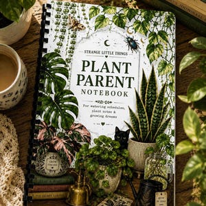 A spiral-bound notebook with a green cover featuring various plants, insects, and text that reads "Plant Parent Notebook" on a wooden surface with a cup of coffee and a small plant.