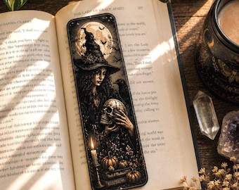 Witch Bookmark | Gothic Halloween Skull, Pumpkins, Candle Illustration
