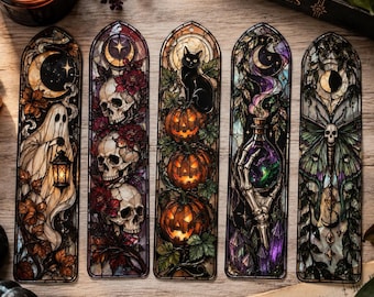Halloween Bookmarks, Gothic Stained Glass Set of 5 | Dark Reading Accessory