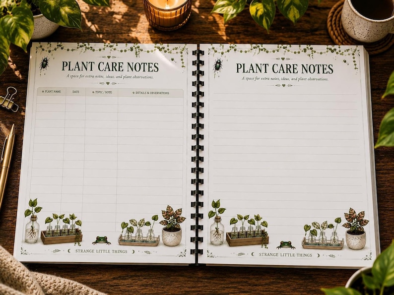 An open spiral-bound notebook showing two pages titled "Plant Care Notes" with columns for plant name, date, topic, and observations, surrounded by plants and a candle.