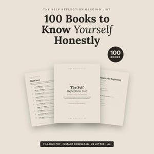 May include: A digital reading list titled The Self Reflection Reading List: 100 Books to Know Yourself Honestly. The document features a central cover page flanked by two interior pages with numbered lists and text, all in a neutral beige tone.
