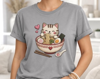 Kawaii Cat Ramen T-Shirt | Faux Embroidered, Anime Food Tee