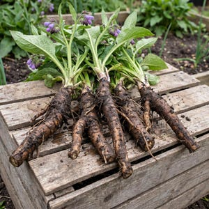 May include: Several freshly harvested comfrey plants with long, dark brown, soil-covered taproots and vibrant green leaves topped with clusters of small, bell-shaped purple flowers. The plants are arranged horizontally on a weathered wooden crate.