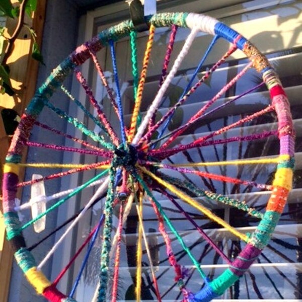 Up-cycled Wheel Yarn colorful for home or garden boho gypsy Vardo Good Garden Feng Shui Dream catcher