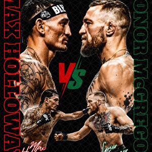 Puede incluir: Un gráfico promocional con los luchadores de UFC Max Holloway y Conor McGregor. El diseño incluye retratos grandes y tomas de acción de ambos atletas, con el texto MAX HOLLOWAY en rojo, CONOR MCGREGOR en verde y un logotipo VS central.