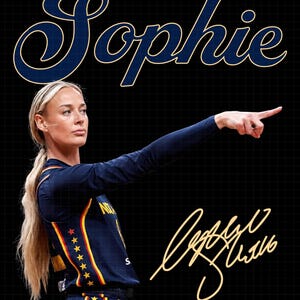May include: A graphic featuring a basketball player in a navy blue jersey with red and yellow accents, pointing to the right. The name Sophie is written in large blue script at the top, and a gold signature is positioned in the lower right corner.
