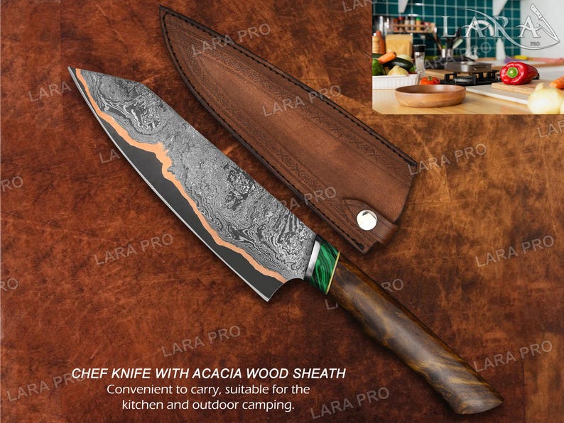May include: A chef knife with a patterned blade and wooden handle, accompanied by a brown leather sheath. The blade has a unique design with copper accents. The text on the image says "CHEF KNIFE WITH ACACIA WOOD SHEATH".