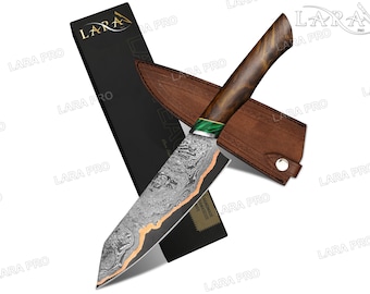 Copper Damascus Handmade Chef Knife- Kitchen Knife, Malachite & Rose Wood Handle, Anniversary Gift, Birthday Gift, Father's Day Gift