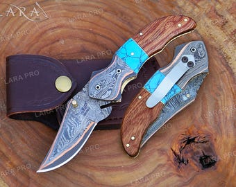 Hand Forged Copper and Damascus Steel Pocket Knife, Copper Blade, Turquoise Handle, Anniversary Gift, Father's Day Gift, Gift For Him