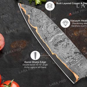 May include: Close-up of a Damascus steel chef's knife with a razor-sharp edge. The blade features a unique pattern with copper accents. The handle has a blue and brown design. Tomatoes are in the foreground.