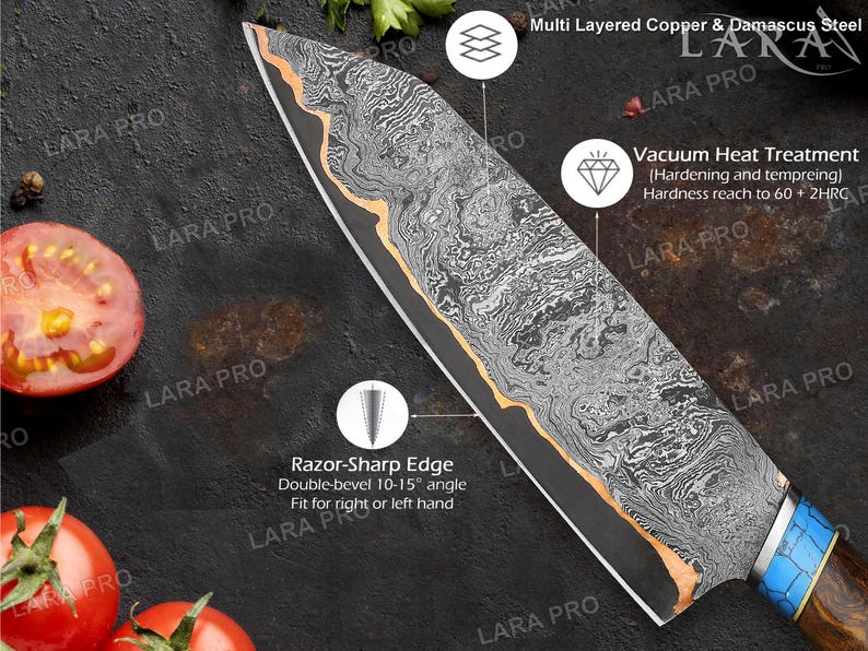 May include: Close-up of a Damascus steel chef's knife with a razor-sharp edge. The blade features a unique pattern with copper accents. The handle has a blue and brown design. Tomatoes are in the foreground.