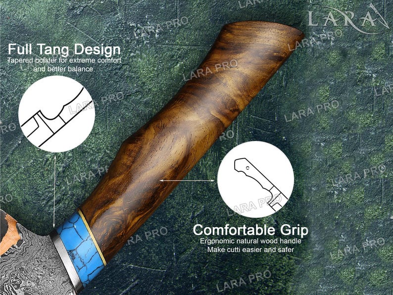 May include: A close-up of a kitchen knife with a wooden handle and a blue and gold accent. The blade has a patterned design. Text on the image reads "Full Tang Design" and "Comfortable Grip".
