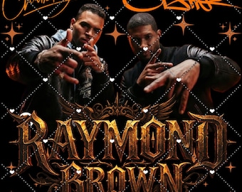 May include: A promotional image featuring Chris Brown and Usher. The image has a black background with a diamond pattern and star accents. The text "Raymond Brown" is prominently displayed in gold, with the artists' names above.