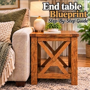 May include: A wooden end table with an X-shaped side support structure and a lower shelf. The table features a light brown wood grain finish and is topped with a white lamp and a small potted green plant. Text reads End table Blueprint Step-By-Step Guide.