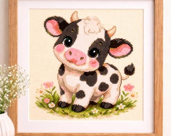 Mönster för charmigt korsstygn med ko | Väggkonst för barnrum (PDF-nedladdning) | Nybörjarvänligt