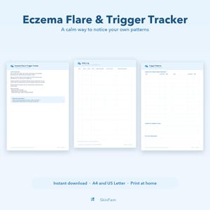 Op de afbeelding: Een digitale Eczema Flare & Trigger Tracker documentenset met drie pagina's: een instructieblad, een dagelijks logboekraster en een tabel voor triggerpatronen. De pagina's bevatten koppen en de tekst SkinFam onderaan.