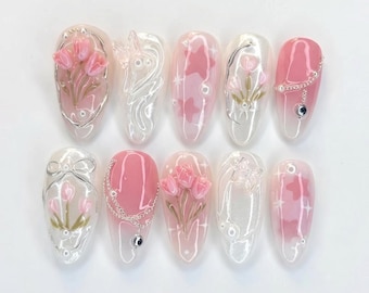 Pink Floral Press On Nails: Cherry Blossom, Clean Girl Nails
