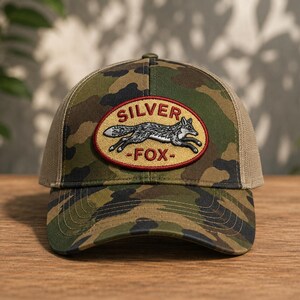 Silver Fox Embroidered Camo Trucker Hat, Vintage Baseball Cap