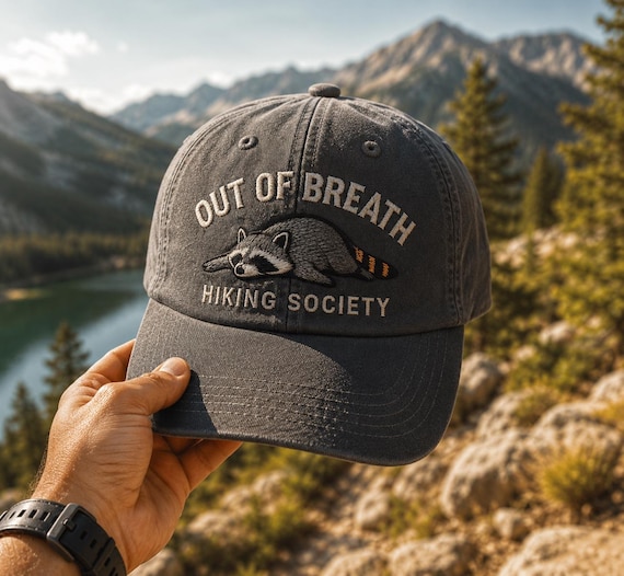 Embroidered Raccoon Hiking Cap, Washed Cotton Dad Hat, Outdoor Lover Gift