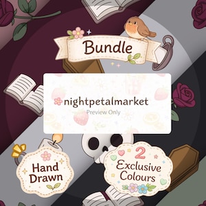 May include: A digital art bundle with a dark aesthetic. The image features a banner that says "Bundle" with a bird perched on top. Other elements include open books, roses, a skull, and the text "nightpetalmarket" and "Hand Drawn".