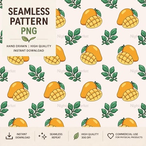 May include: A seamless pattern featuring hand-drawn illustrations of orange mangoes and green leaves on a light cream background. The text reads SEAMLESS PATTERN PNG, HAND DRAWN, HIGH QUALITY, INSTANT DOWNLOAD, and COMMERCIAL USE FOR PHYSICAL PRODUCTS.