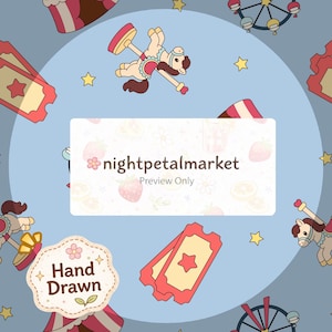 May include: A whimsical, hand-drawn pattern on a light blue background featuring carousel horses, tickets, stars, and carnival elements. The text "nightpetalmarket" and "Preview Only" are displayed on a white rectangle. A "Hand Drawn" label is also present.