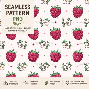 May include: A seamless pattern featuring repeating illustrations of bright pink raspberries and white flowers with green leaves on a light cream background. The text SEAMLESS PATTERN PNG HAND DRAWN HIGH QUALITY INSTANT DOWNLOAD is visible in the top left.