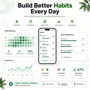 Puede incluir: Una interfaz digital para una aplicación de seguimiento de hábitos con una pantalla de smartphone central, un mapa de calor de hábitos, un gráfico de historial de rachas y un panel de objetivos. Tonos verdes y blancos con el texto Build Better Habits Every Day.