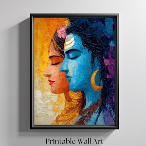 May include: A framed print featuring a vibrant, colorful painting of two side profiles. One is a woman with orange skin, the other a blue-skinned figure with a gold earring. The text "Printable Wall Art" and "Instant Download" are at the bottom.