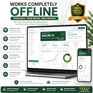 May include: A digital financial portfolio dashboard displayed on a laptop and smartphone screen. The interface features green and white color schemes, showing investment data, charts, and text including Works Completely Offline, 100% Private & Secure, and various feature icons.