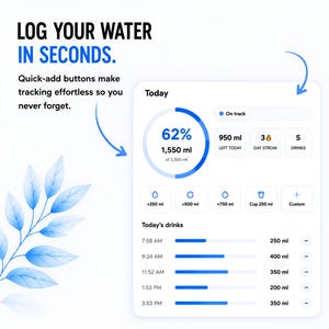 Könnte beinhalten: Eine digitale Wasser-Tracking-Oberfläche mit einem 62%-Fortschrittskreis, 1.550 ml von 2.500 ml und Schnell-Hinzufügen-Buttons für 250 ml, 500 ml, 750 ml und benutzerdefinierte Mengen. Text: LOG YOUR WATER IN SECONDS. Tracking ist mühelos.
