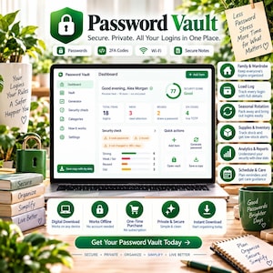 Könnte beinhalten: Eine digitale Dashboard-Oberfläche für die Password Vault-Software auf einem Laptop-Bildschirm, mit Sicherheitskennzahlen, Anmelde-Verwaltungstools und grünen Symbolen. Das Layout enthält Textbeschriftungen für Passwörter, 2FA-Codes und Notizen.