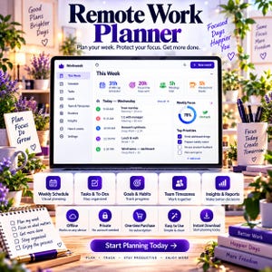 May include: A digital Remote Work Planner displayed on a laptop screen, featuring a weekly schedule, task lists, and goal tracking. The interface includes icons for weekly schedules, tasks, goals, and reports, with text prompts like Plan your week and Start Planning Today.
