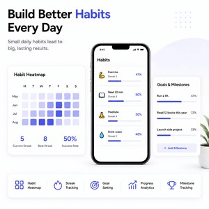 May include: A smartphone displaying a habit tracking application interface with a habit heatmap, daily goals, and progress bars. The screen shows text including Build Better Habits Every Day, Habit Heatmap, Habits, and Goals & Milestones with icons.